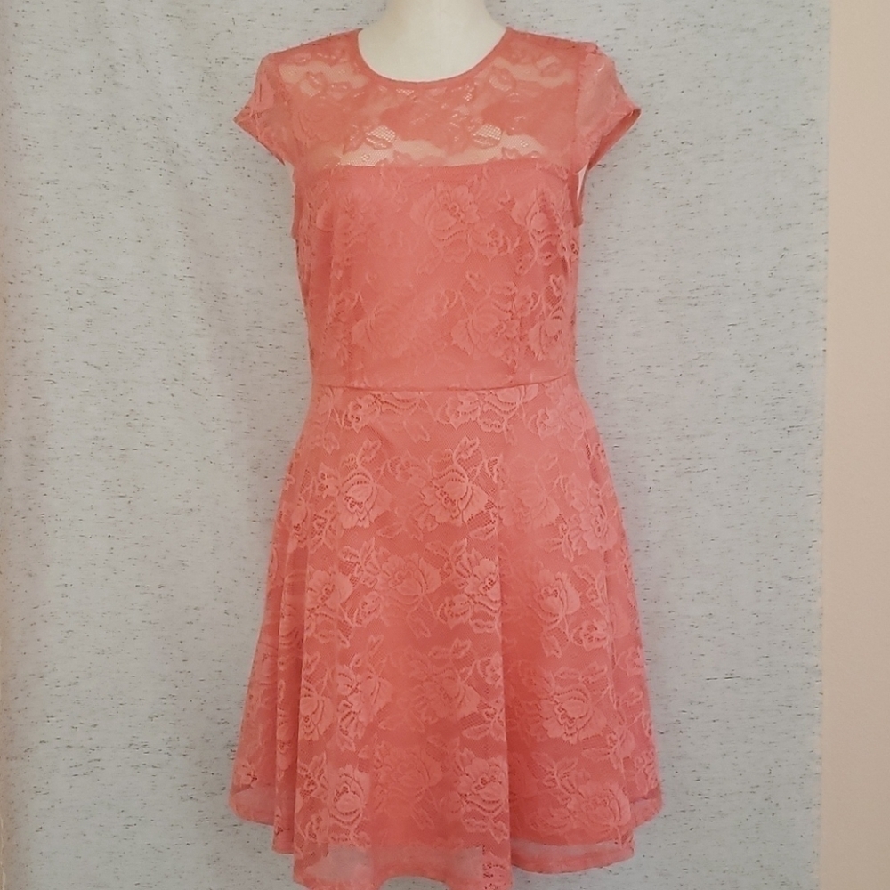 Orange Short Sleeve Knee-length Lace Dress
